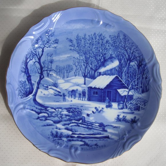 Vintage 2 Plates Currier & Ives Winter Scenes Blue-White Home Wall Decor Japan - Picture 3 of 11